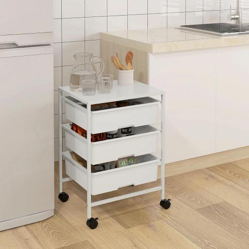 Carrito Auxiliar con Ruedas con 3 Cestas para Almacenamiento y Marco de Acero para Cocina Baño 40,8x33,5x60,5 cm Blanco