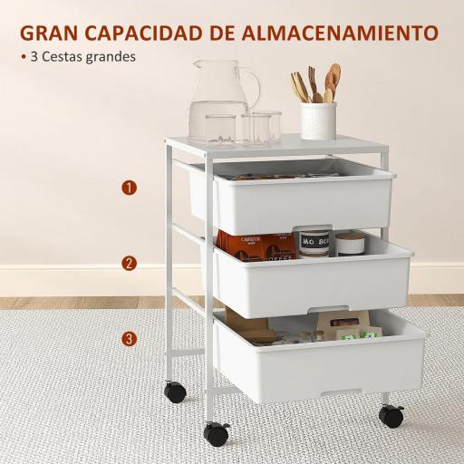 Carrito Auxiliar con Ruedas con 3 Cestas para Almacenamiento y Marco de Acero para Cocina Baño 40,8x33,5x60,5 cm Blanco [2]