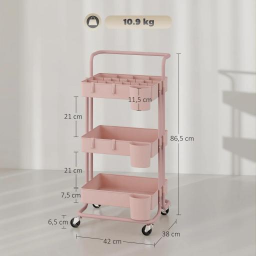 Carrito Auxiliar con Ruedas Carro de Almacenaje Multifuncional con Ganchos y Cajas Colgantes 42x38x86,5 cm Rosa [1]