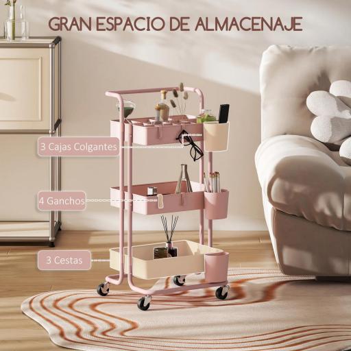 Carrito Auxiliar con Ruedas Carro de Almacenaje Multifuncional con Ganchos y Cajas Colgantes 42x38x86,5 cm Rosa [2]