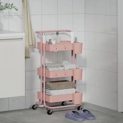 Carrito Auxiliar con Ruedas Carro de Almacenaje Multifuncional con Ganchos y Cajas Colgantes 42x38x86,5 cm Rosa [7]