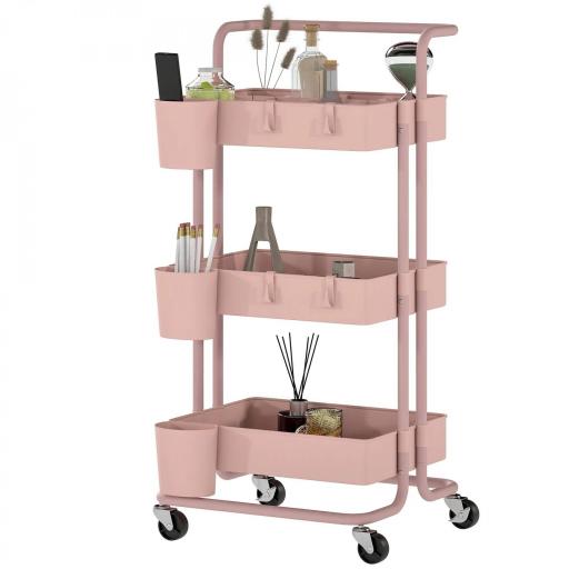 Carrito Auxiliar con Ruedas Carro de Almacenaje Multifuncional con Ganchos y Cajas Colgantes 42x38x86,5 cm Rosa [8]