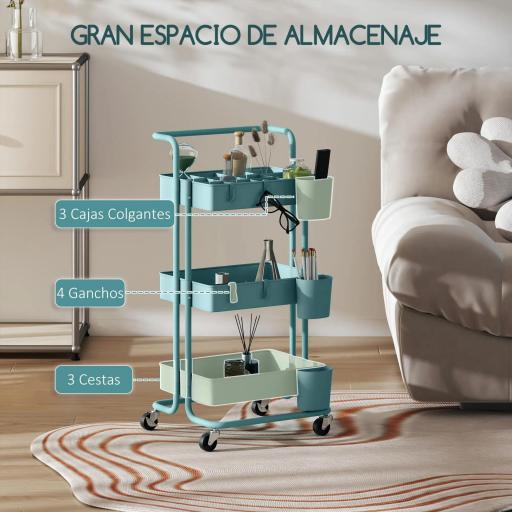 Carrito Auxiliar con Ruedas Carro de Almacenaje Multifuncional con Ganchos y Cajas Colgantes 42x38x86,5 cm Azul Verdoso [2]