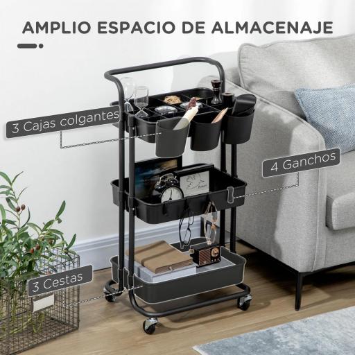 Carrito Auxiliar con Ruedas Carro de Almacenaje Multifuncional con Ganchos y Cajas Colgantes 42x38x86,5 cm Negro [3]