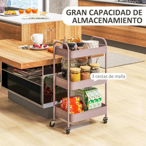 Carrito de Almacenamiento con 3 Cestas y Marco de Acero para Salón Dormitorio Oficina Cocina 45x30,6x79 cm Rosa [3]