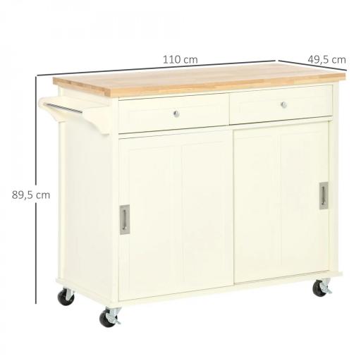 Carrito de Cocina Multifuncional con Ruedas 2 Puertas Correderas 2 Cajones y Barra de Colgar 110x49,5x89,5 cm Crema [1]
