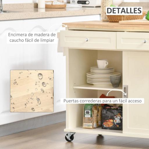 Carrito de Cocina Multifuncional con Ruedas 2 Puertas Correderas 2 Cajones y Barra de Colgar 110x49,5x89,5 cm Crema [4]