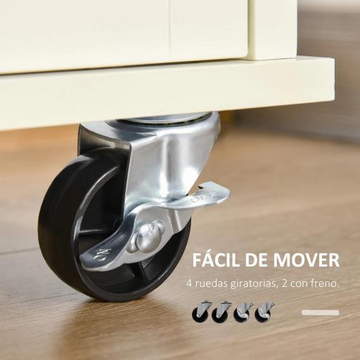 Carrito de Cocina Multifuncional con Ruedas 2 Puertas Correderas 2 Cajones y Barra de Colgar 110x49,5x89,5 cm Crema [5]