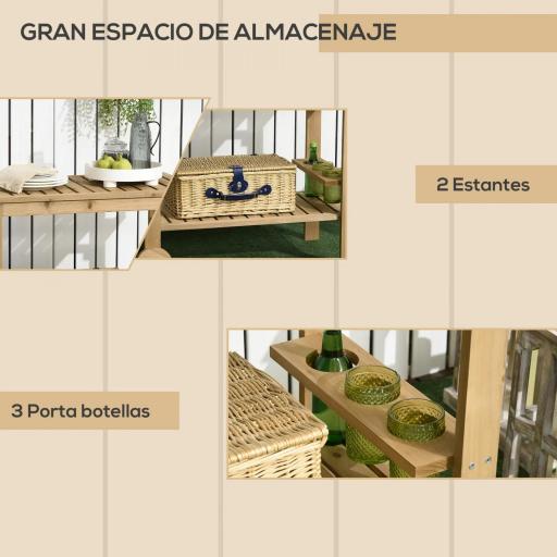 Carrito de Madera para Exterior Carro de Servicio con Asa Lateral y 3 Porta botellas 95x47x74 cm Natural [2]