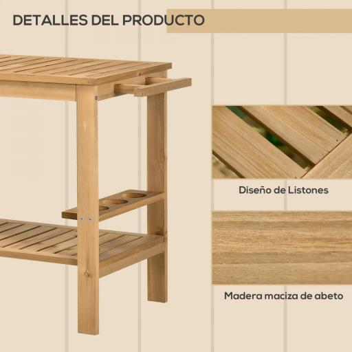 Carrito de Madera para Exterior Carro de Servicio con Asa Lateral y 3 Porta botellas 95x47x74 cm Natural [4]