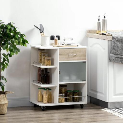 Carrito de Cocina Verdulero con 1 Cajón Puerta de Vidrio y Estantes Carro Auxiliar con Ruedas 65x39x80 cm Natural