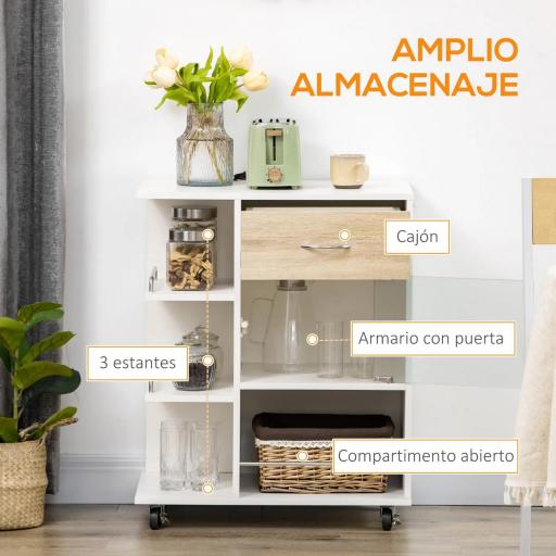 Carrito de Cocina Verdulero con 1 Cajón Puerta de Vidrio y Estantes Carro Auxiliar con Ruedas 65x39x80 cm Natural [2]