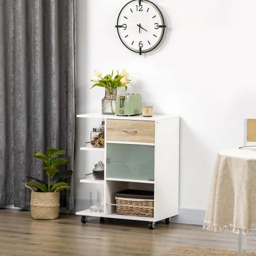 Carrito de Cocina Verdulero con 1 Cajón Puerta de Vidrio y Estantes Carro Auxiliar con Ruedas 65x39x80 cm Natural [5]