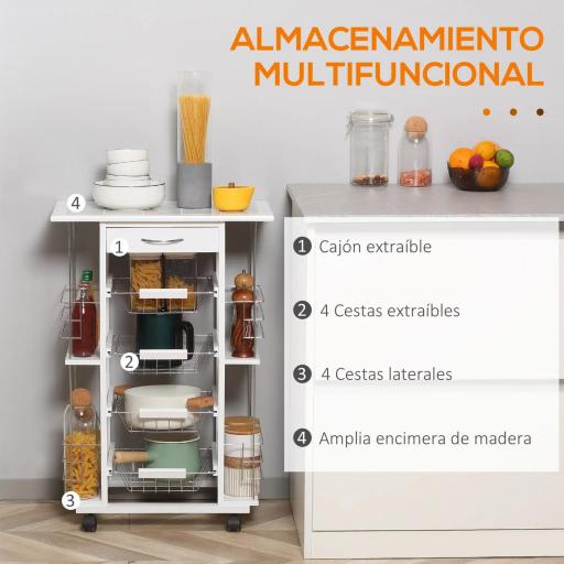 Carrito de Cocina con Ruedas Carrito Verdulero con Cajón Cestas y Estantes Laterales 57x37x83cm Blanco [1]