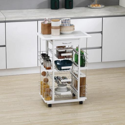 Carrito de Cocina con Ruedas Carrito Verdulero con Cajón Cestas y Estantes Laterales 57x37x83cm Blanco