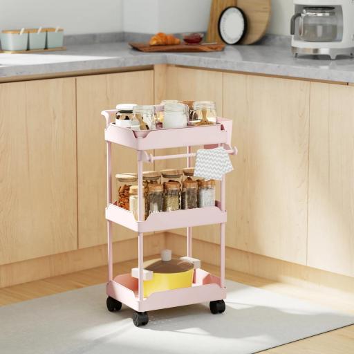 Carrito Auxiliar con Ruedas de 3 Niveles Carrito de Cocina con Cestas Extraíbles y Soporte para Toallas Rosa