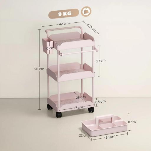 Carrito Auxiliar con Ruedas de 3 Niveles Carrito de Cocina con Cestas Extraíbles y Soporte para Toallas Rosa [1]