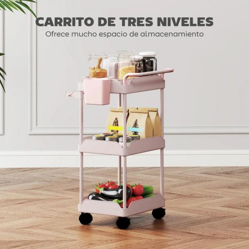 Carrito Auxiliar con Ruedas de 3 Niveles Carrito de Cocina con Cestas Extraíbles y Soporte para Toallas Rosa [3]