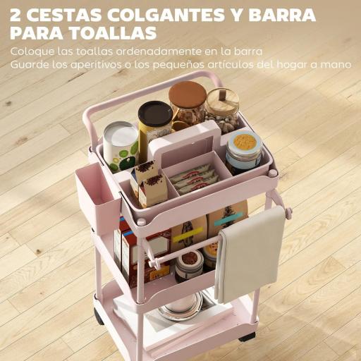 Carrito Auxiliar con Ruedas de 3 Niveles Carrito de Cocina con Cestas Extraíbles y Soporte para Toallas Rosa [4]