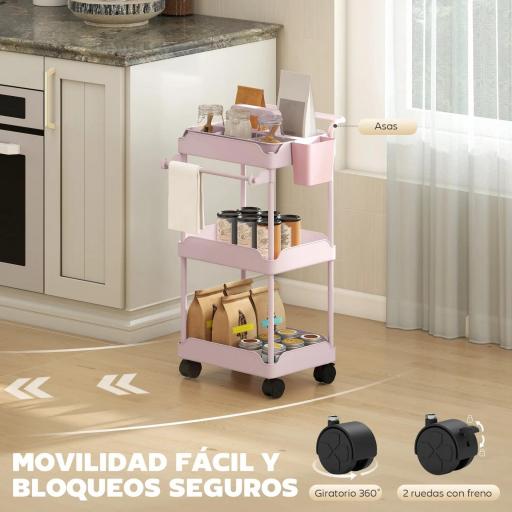 Carrito Auxiliar con Ruedas de 3 Niveles Carrito de Cocina con Cestas Extraíbles y Soporte para Toallas Rosa [2]