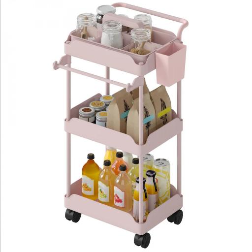 Carrito Auxiliar con Ruedas de 3 Niveles Carrito de Cocina con Cestas Extraíbles y Soporte para Toallas Rosa [9]