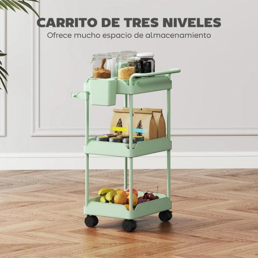 Carrito Auxiliar con Ruedas de 3 Niveles Carrito de Cocina con Cestas Extraíbles y Soporte para Toallas Verde [4]