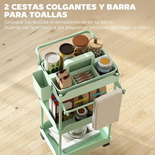 Carrito Auxiliar con Ruedas de 3 Niveles Carrito de Cocina con Cestas Extraíbles y Soporte para Toallas Verde [3]