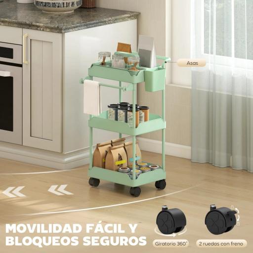 Carrito Auxiliar con Ruedas de 3 Niveles Carrito de Cocina con Cestas Extraíbles y Soporte para Toallas Verde [2]