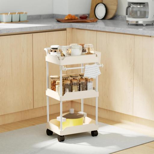 Carrito Auxiliar con Ruedas de 3 Niveles Carrito de Cocina con Cestas Extraíbles y Soporte para Toallas Blanco