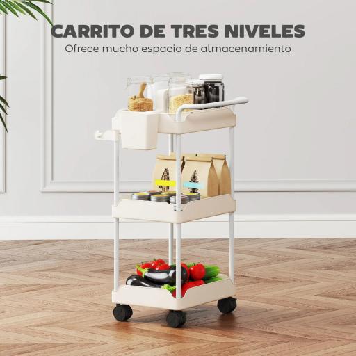 Carrito Auxiliar con Ruedas de 3 Niveles Carrito de Cocina con Cestas Extraíbles y Soporte para Toallas Blanco [2]