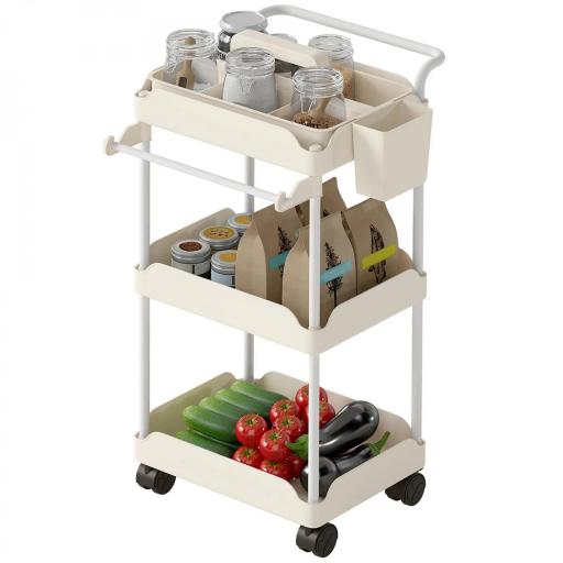 Carrito Auxiliar con Ruedas de 3 Niveles Carrito de Cocina con Cestas Extraíbles y Soporte para Toallas Blanco [9]