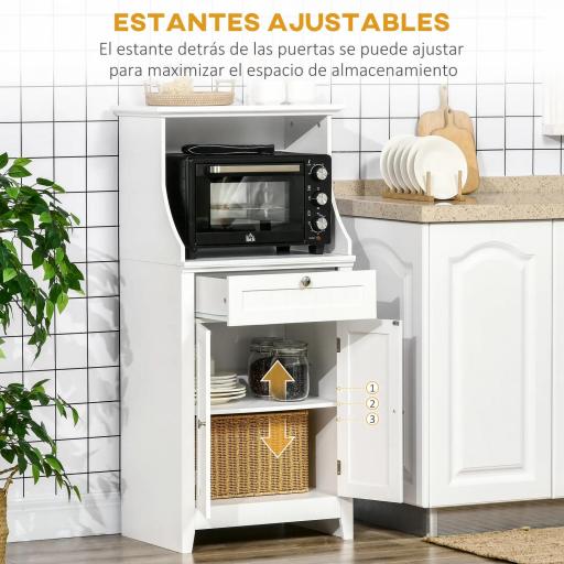 Mueble para Microondas Aparador de Cocina con Cajón Estante 2 Puertas Compartimento Anti-vuelco 60x40x122,5 cm Blanco [3]