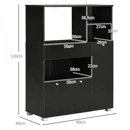 Mueble para Microondas con Cajón Estantes 3 Puertas 3 Compartimientos Diseño Anti-vuelco para Comedor 90x40x120 cm Negro [1]