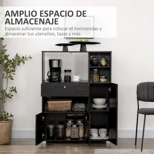 Mueble para Microondas con Cajón Estantes 3 Puertas 3 Compartimientos Diseño Anti-vuelco para Comedor 90x40x120 cm Negro [2]