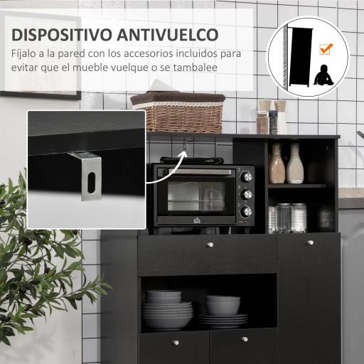 Mueble para Microondas con Cajón Estantes 3 Puertas 3 Compartimientos Diseño Anti-vuelco para Comedor 90x40x120 cm Negro [3]