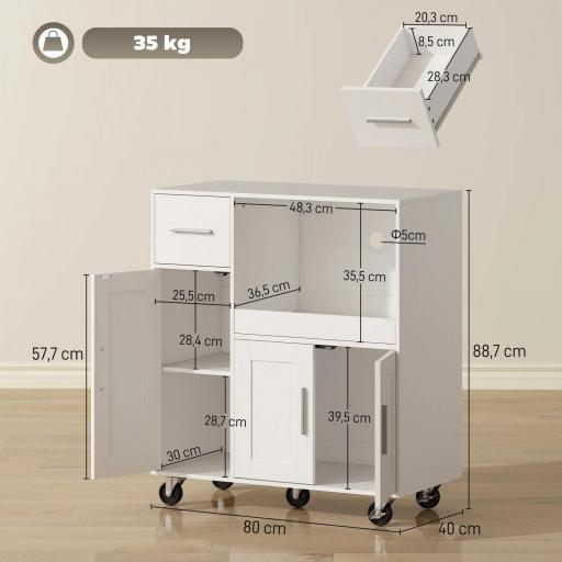 Mueble Auxiliar de Cocina con Ruedas Aparador de Cocina para Microondas con Bandeja Deslizante 80x40x88,7 cm Blanco [1]