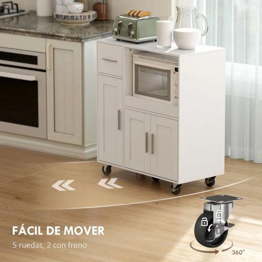 Mueble Auxiliar de Cocina con Ruedas Aparador de Cocina para Microondas con Bandeja Deslizante 80x40x88,7 cm Blanco [4]