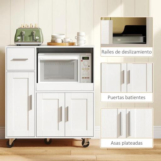 Mueble Auxiliar de Cocina con Ruedas Aparador de Cocina para Microondas con Bandeja Deslizante 80x40x88,7 cm Blanco [6]