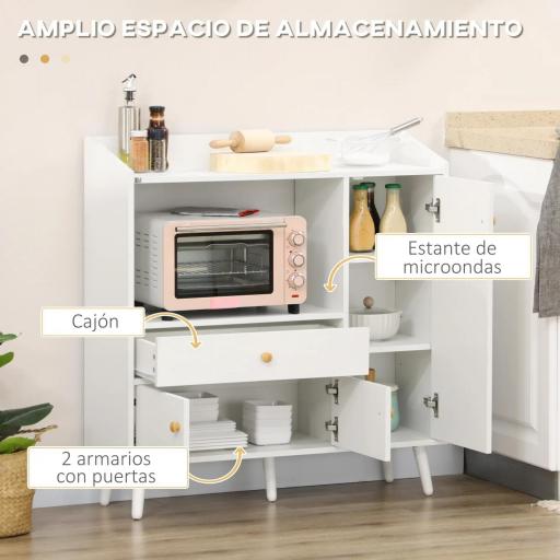 Aparador de Cocina para Microondas Armario Bajo de Cocina Mueble Auxiliar de Comedor con 3 Puertas y Cajón 90x30x94 cm Blanco [3]