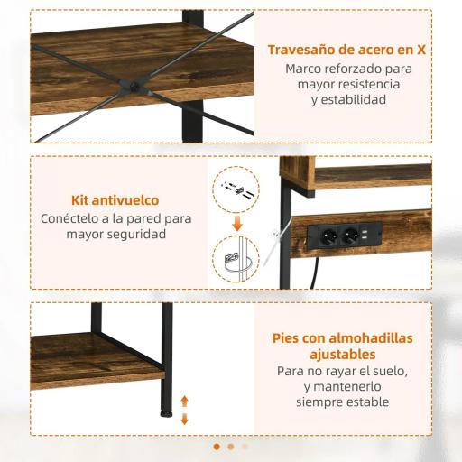 Estantería de Cocina Mueble para Microondas con Toma de Corriente 2 Cargadores USB 5 Ganchos 60x42x153 cm Marrón [5]