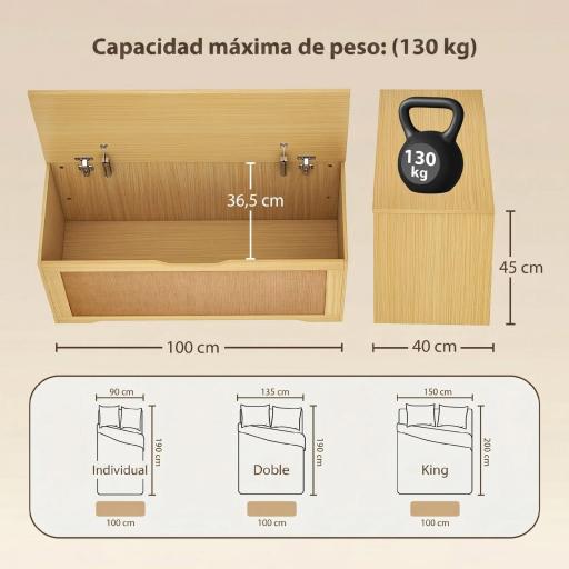 Baúl de Almacenaje 136L Banco de Almacenaje con Panel de Ratán Tapa Brazos de Soporte para Recibidor 100x40x45cm Roble [9]