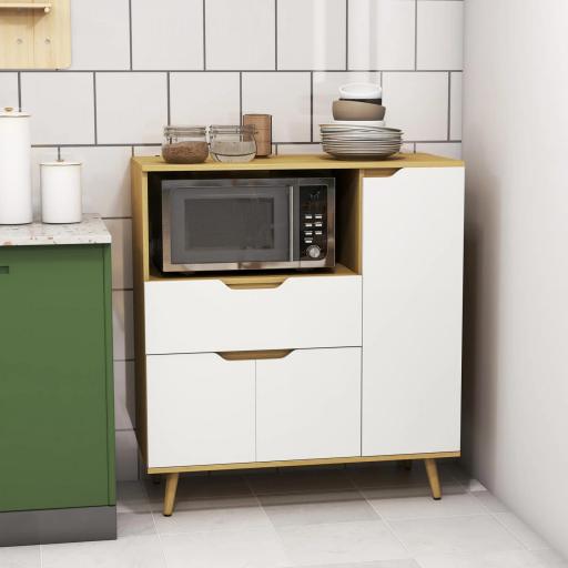 Aparador Auxiliar para Microondas Armario de Cocina Moderno con Cajón 3 Puertas y Compartimiento 90x40x98,5 cm Blanco