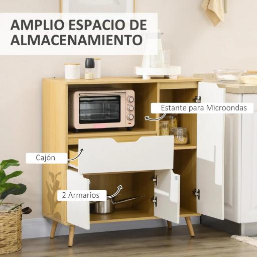 Aparador Auxiliar para Microondas Armario de Cocina Moderno con Cajón 3 Puertas y Compartimiento 90x40x98,5 cm Blanco [3]