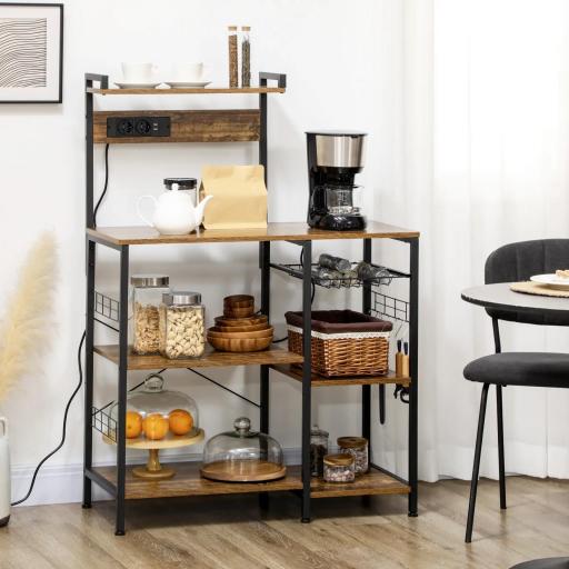 Estantería de Cocina para Microondas con Toma de Corriente Cargador USB 5 Ganchos 90x42x130 cm Marrón Rústico