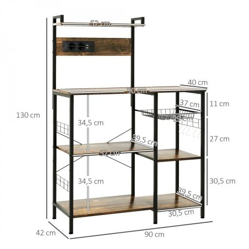Estantería de Cocina para Microondas con Toma de Corriente Cargador USB 5 Ganchos 90x42x130 cm Marrón Rústico [1]