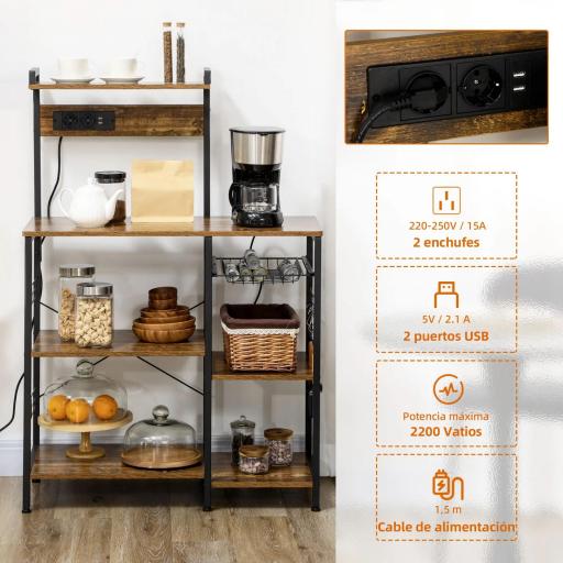 Estantería de Cocina para Microondas con Toma de Corriente Cargador USB 5 Ganchos 90x42x130 cm Marrón Rústico [3]