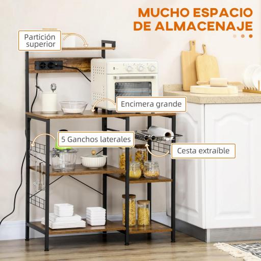 Estantería de Cocina para Microondas con Toma de Corriente Cargador USB 5 Ganchos 90x42x130 cm Marrón Rústico [2]