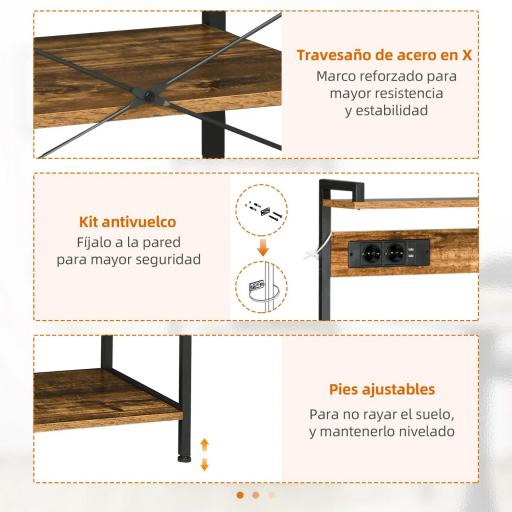 Estantería de Cocina para Microondas con Toma de Corriente Cargador USB 5 Ganchos 90x42x130 cm Marrón Rústico [5]