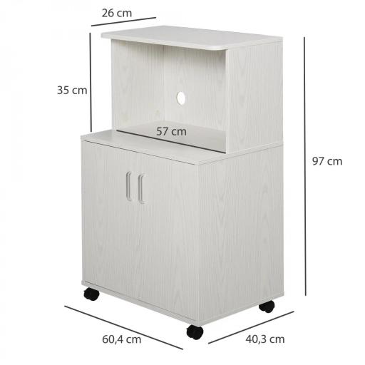 Aparador Auxiliar para Microondas Armario Bajo de Cocina con Armario de 2 Puertas y Estante Ajustable con Ruedas Carga 70 kg 60,4x40,3x97 cm Blanco [1]