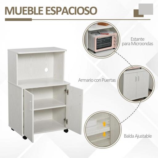 Aparador Auxiliar para Microondas Armario Bajo de Cocina con Armario de 2 Puertas y Estante Ajustable con Ruedas Carga 70 kg 60,4x40,3x97 cm Blanco [3]